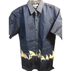 Malihini Hawaii Men’s L Blue White Fin Short Sleeve Button Down Hawaiian Shirt